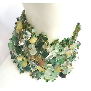 Vtg Handwoven Semi Precious Stone Seed Beed Green Adjustable Bracelet